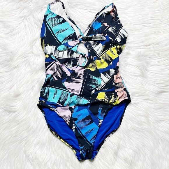 80's Geometric Keyhole One Piece Bathing Suit Blue & Purple Size Medium - Picture 3 of 5